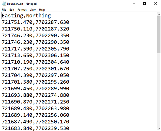 Example of boundary vertices exported as ASCII/CSV