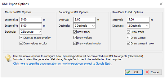 Adjust how depths are transfered to KML data with the KML Options dialog
