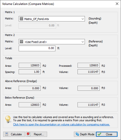 Select two matrices or one matrix and a fixed level to calculate volumes