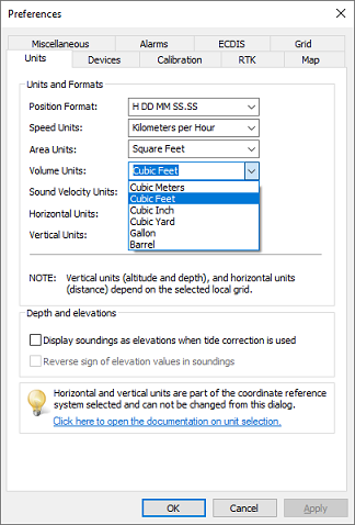 Change the units for volume and area in the unit settings tab