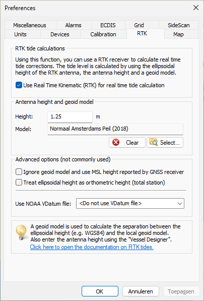 RTK settings tab in the preferences dialog