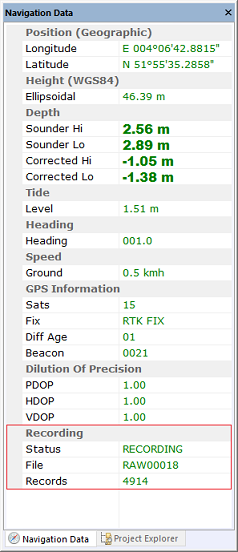 Data view showing pausing recording