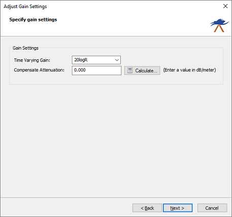 The gain settings can be used to correct the sidescan image for spread and sound absorption losses