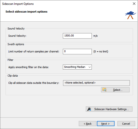 The import options page can be used to customize some settings before importing sidescan data