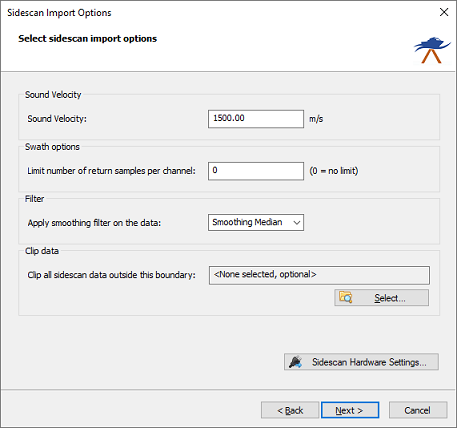 The import options page can be used to customize some settings before importing side scan data
