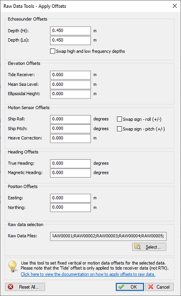 Use the offsets utility to apply various offsets to your raw data files