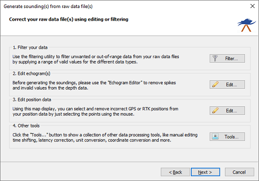 The data correction page of the sounding wizard offers multiple tools to correct your raw data