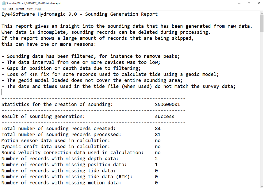 Example of a sounding generation report with statistics on raw data to sounding conversion