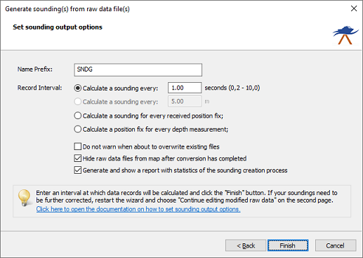 At the last page of the wizard, you will be setting the sounding file output options