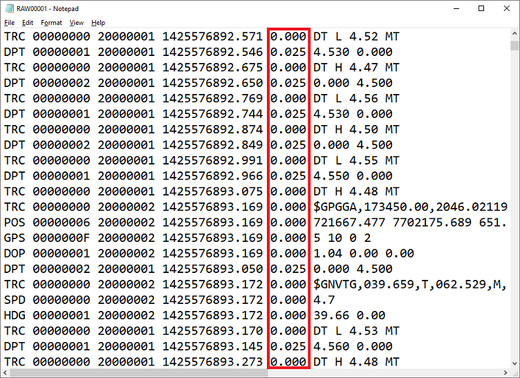 Example Hydromagic raw data file with latency for echo sounder set to 25 milliseconds