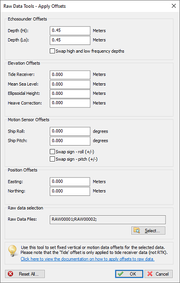 Use the offsets utility to apply various offsets to your raw data files