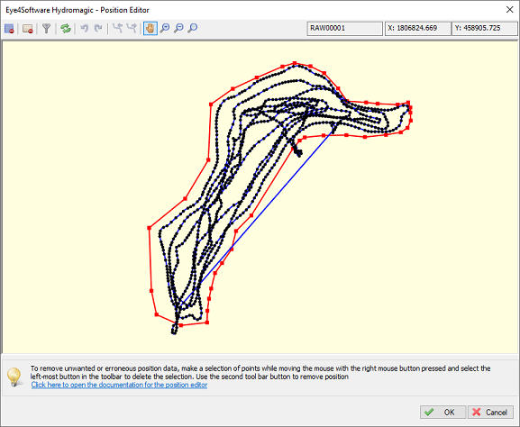 Use the position editor to remove unwanted or erroneous position data from a raw data file