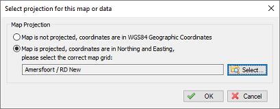 Select the projection in case of projected coordinates, otherwise set to WGS84