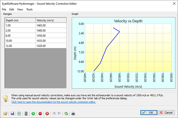 Use the sound velocity editor to generate or alter sound velocity profile files