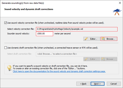 Select the file and the speed of sound used by your echo sounder