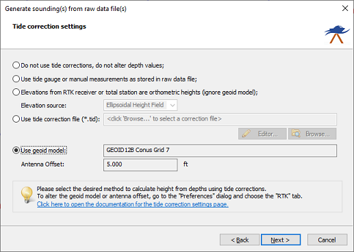 Tide correction settings in the sounding wizard