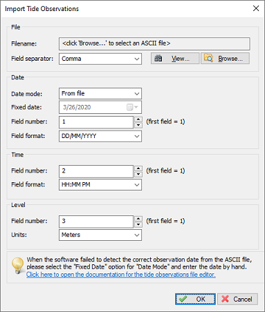 The software allows you to import tide observations from ASCII files.