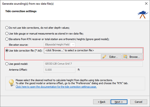 To use a tide correction file, select the Use tide correction file option in the Sounding Wizard