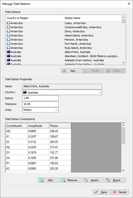 Click the Modify button to alter harmonic constituent values for a tidal station