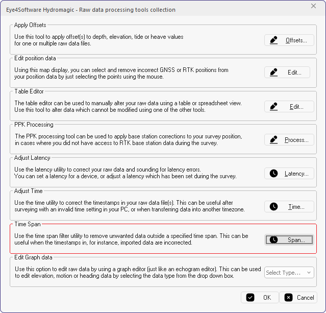 The time span filter tool can be found on the data correction page of the Sounding Wizard