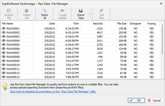 The raw data files manager shows a list of raw data files in the project