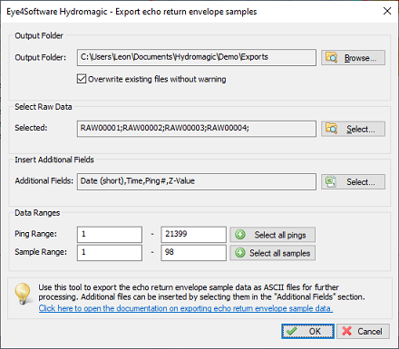 Before exporting data, select the output folder, included data fields and sample range.
