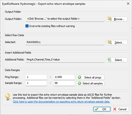 Before exporting data, select the output folder, included data fields and sample range.