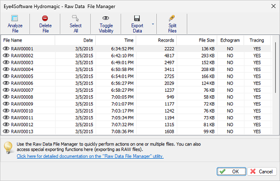 The raw data files manager shows a list of raw data files in the project