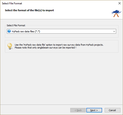 Select the HyPack raw data files option from the drop-down list