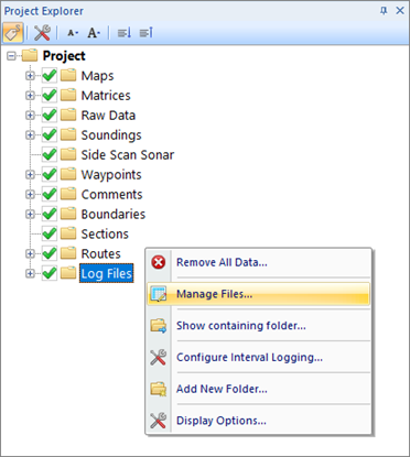 Right click the Log Files folder and select Manage Files...