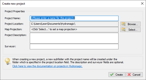 Create new Hydromagic project dialog