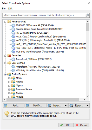 Select coordinate reference system for the new project