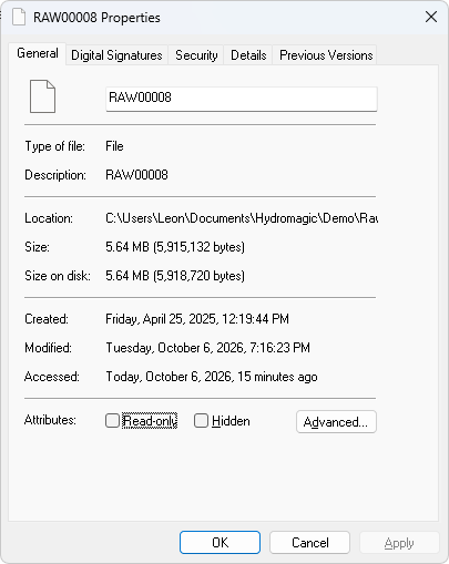 Open file properties of the selected file in Windows Explorer.