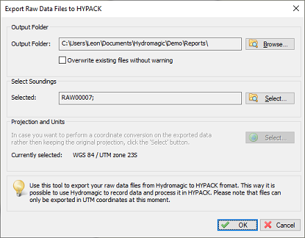 Raw data files can be exported as HYPACK raw data files.