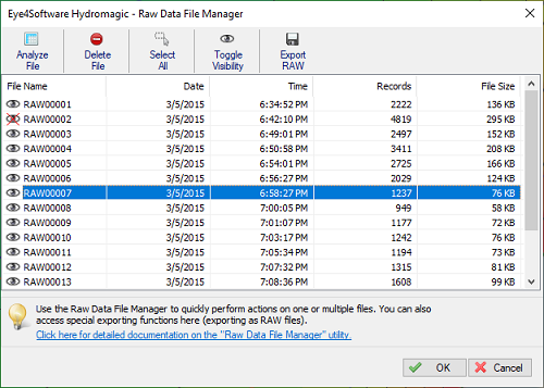 The raw data files manager shows a list of raw data files in the project