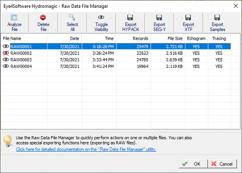 The raw data files manager shows a list of raw data files in the project