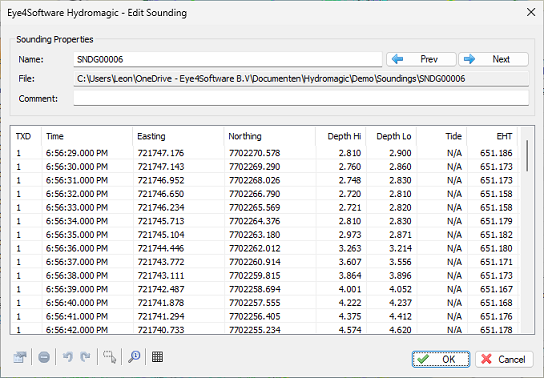 The sounding editor can be used to alter depth values or to remove pings
