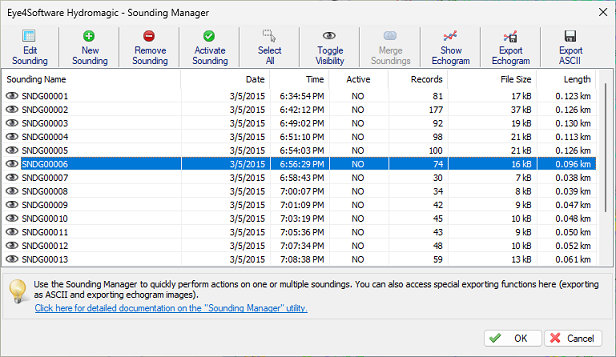 The sounding files manager shows a list of sounding files in the project