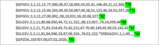 NMEA0183 data fragment with checksum values highlighted