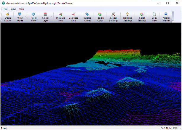 The main screen of the 3D Terrain Viewer shows a detailed image of the bottom