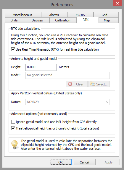 RTK tab where you enter the antenna height and geoid model